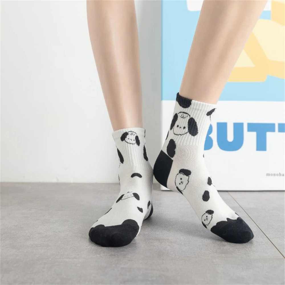 Ins New Black White Animal Panda Footprint Puppy Kitten Bear Unisex Mid Tube Soft Cotton Korean Cute Cartoon Japanese Streetwear