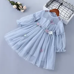 2-7 Years High Quality Spring Autumn Girl Dress New Lace Chiffon Floral Draped Ruched Kid Children Clothing Girl Princess Dress