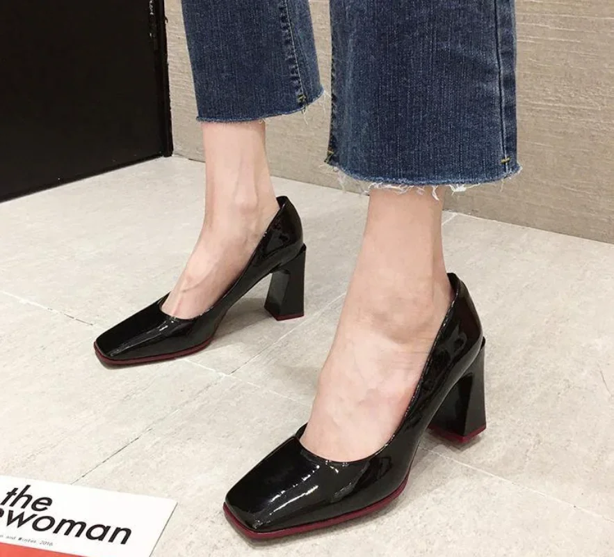 Square Toe Shoes For Women On Heeled Formal Black Normal Leather Casual Woman Footwear Korean Style Social Youthful Emo Y2k A E