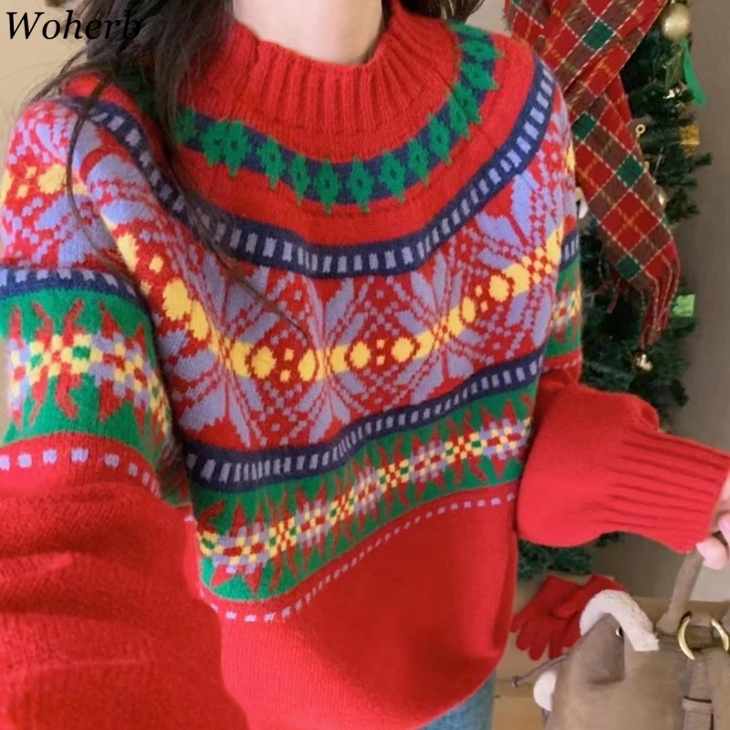 

Vintage Casual Jacquard Jumper Korean Sweater Women's Clothing O-neck All Match Pull Femme Fashion Knitted Autumn Pullovers Tops