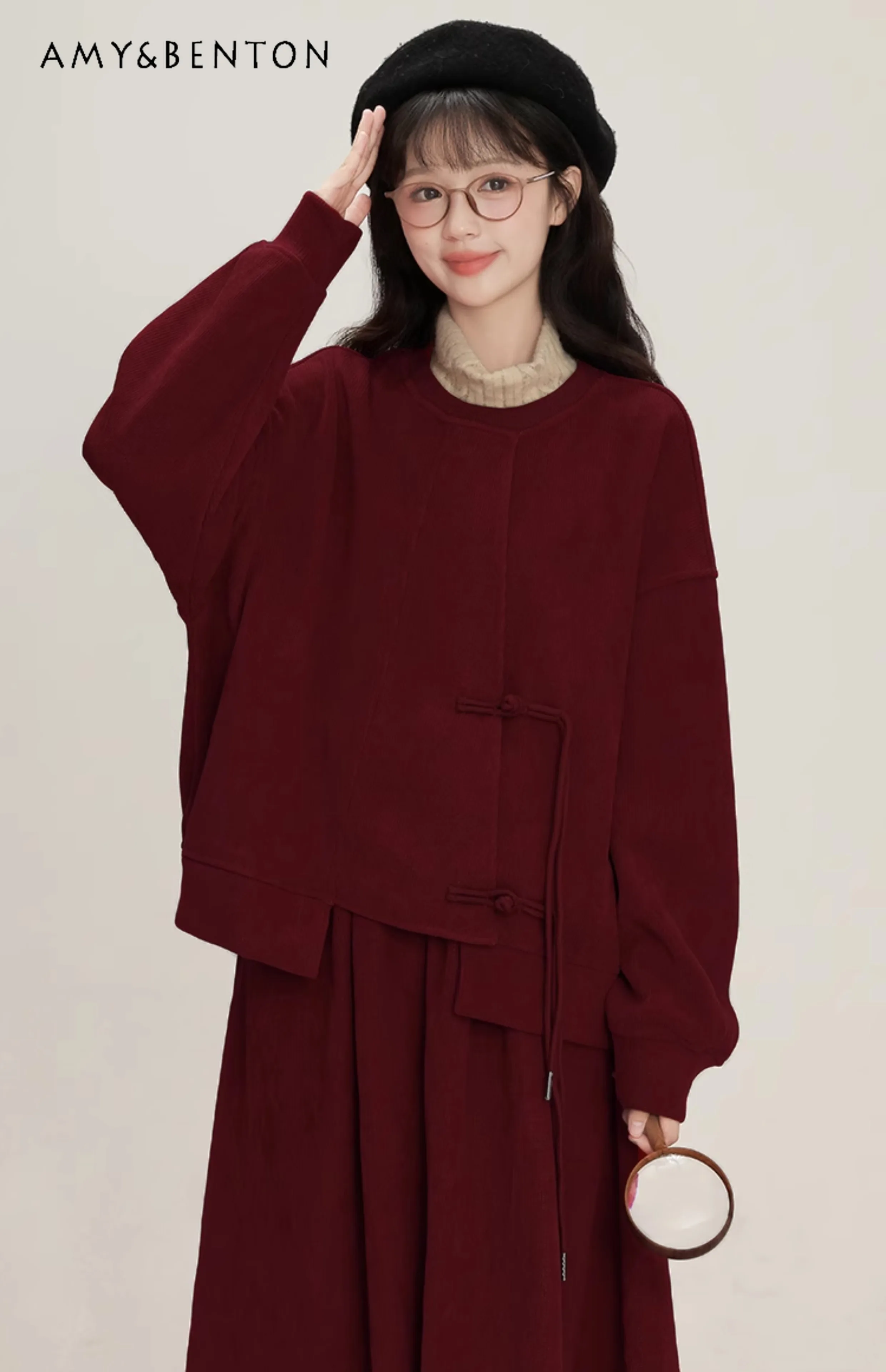 

2025 Autumn Winter New Women's Red Long Sleeve Button Top Round Neck Bow Cardigan High Waist Plaid Loose Skirt