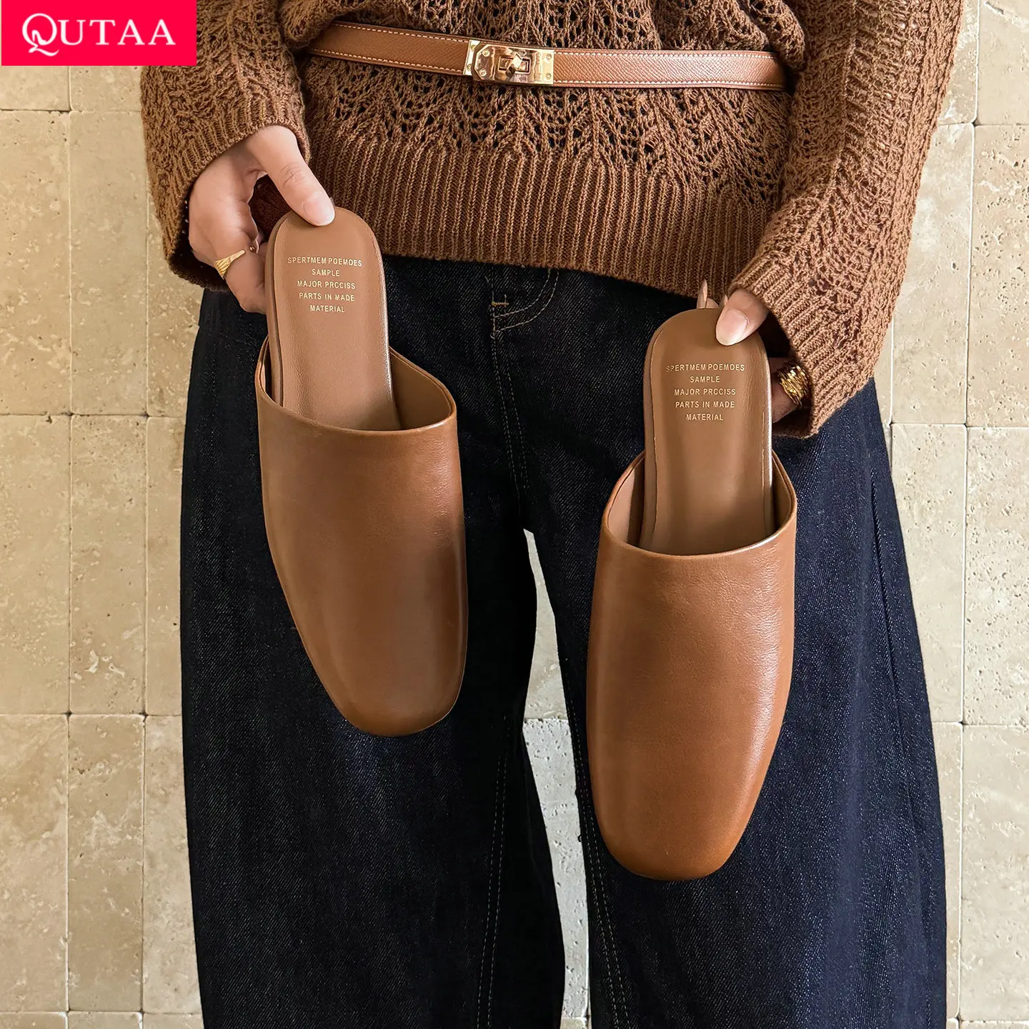 QUTAA 2026 Fashion Women Flats Shoes Mules News Round Toe Cow Leather Casual Slingback Chunky Slippers Office Shoes Dress 34-40