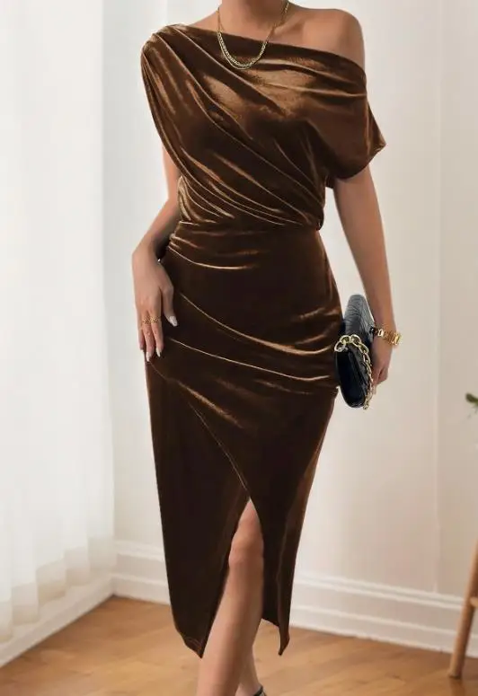 

2026 Autumn/spring Elegant Sexy One Shoulder Velvet Dress for Women's Banquet Dress with Side Openings Skinny Elegant Long Dress