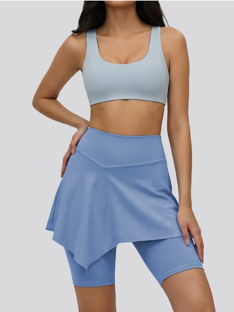 VITALINOVO Damen 2-teiliges Tennisrock-Set Hochgeschnittenes Rüschen-Golf-Outfit Skort Quadratischer Ausschnitt Sport-BH Athletisches Kleid Pickleball – Detail 4