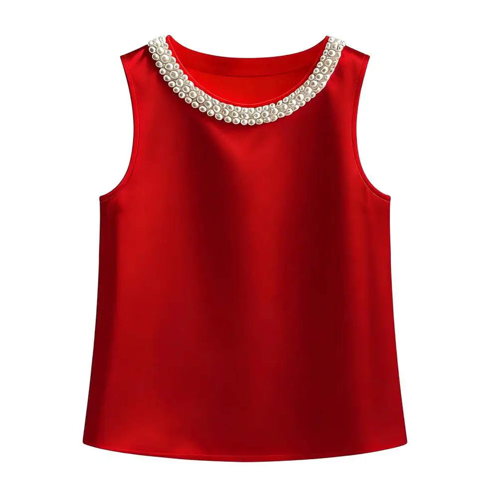 

Women Vest Silky Satin Sleeveless Tops with Faux Pearls Collar Loose Fit Summer Tops Formal Semi-Formal Wear