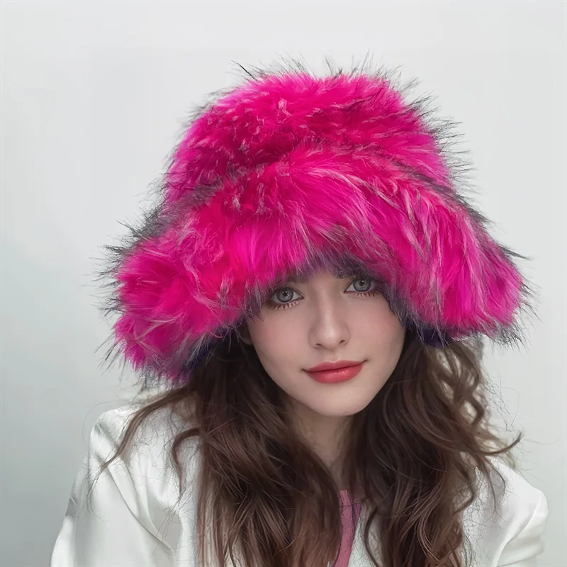 

Bucket Hat Women Fur Hat Russian Women Luxury Fluffy Panama Bucket Hat Holiday Carnival Gift Carnival gorro 버킷햇