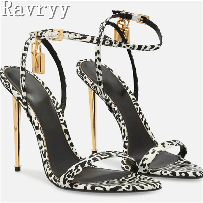 

Brand Design Metal Lock Decor Women Sandals Summer New Fashion Pointed Toe Metal Heel Shoes Work Dress Stilettos