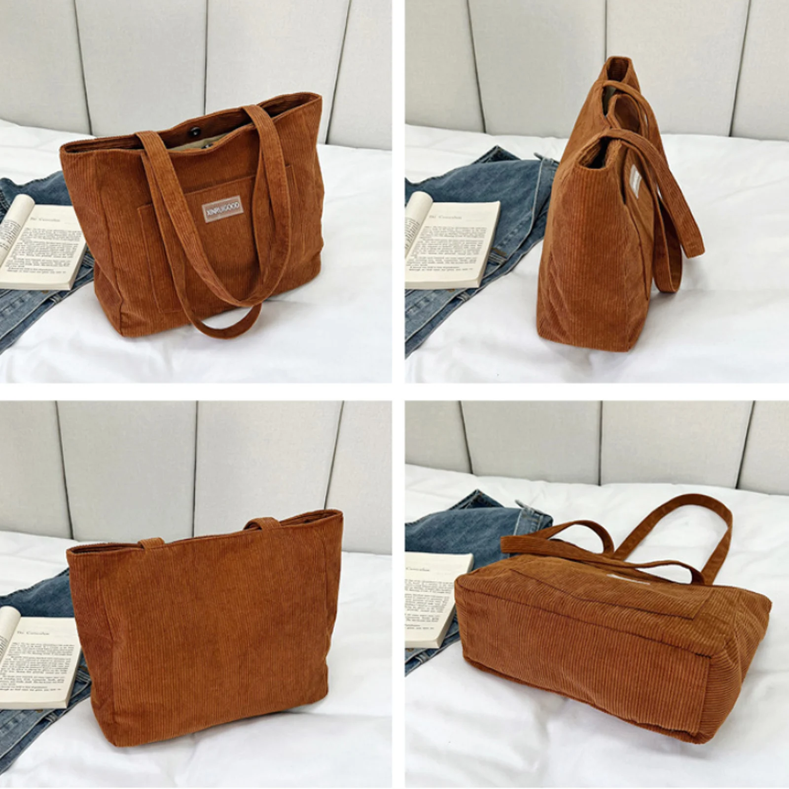 New Large Capacity Shoulder Bag For Women Trendy Corduroy Tote Bag Solid Color Ladies Handbag Student Casual Harajuku Bookbag