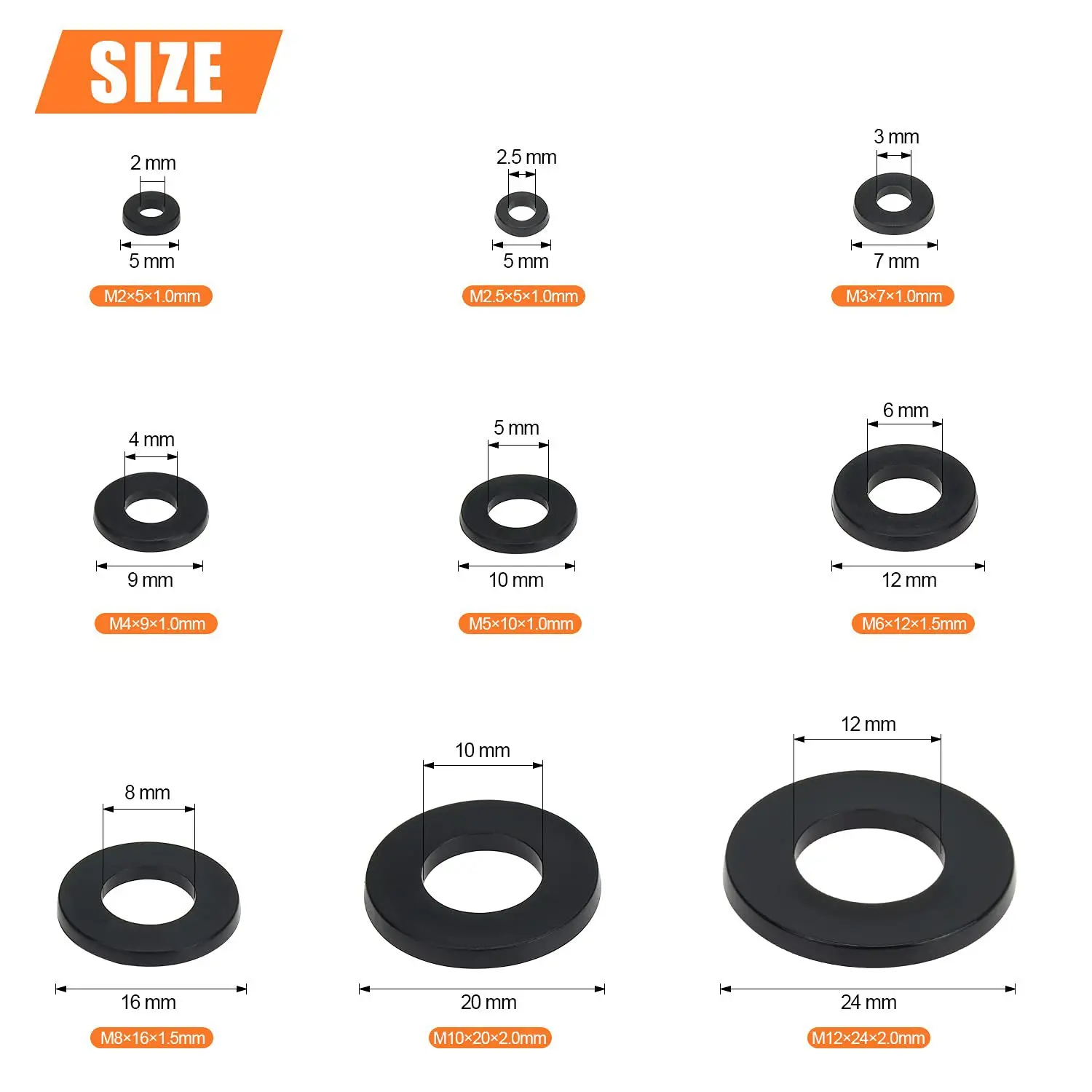 800pcs Black Plastic Nylon Flat Washer M2M2.5M3M4M5M6M8M10M12 Assortment Kitsealing Spacer Insulation Gasket Ring Mix Set Box