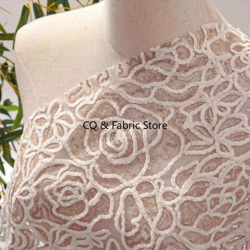 European Style Fashionable Sequin Mesh Rose Embroidery Lace Fabric For Dresses And Gowns Designer Fabric