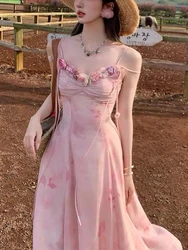 Elegant Pink Flower Lace-up Party Dress Women Sweet Y2k Sleeveless Slim Beach Dresses Fashion Chic Fairy Print Pleat Clothes New