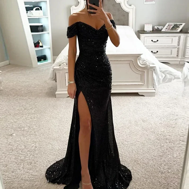 Women Slash Neck High Split Gown Evening Dress Sequins Sharkly Slim Hips Long Dress Spring Summer Off Shoulder Hollow Maxi Dress