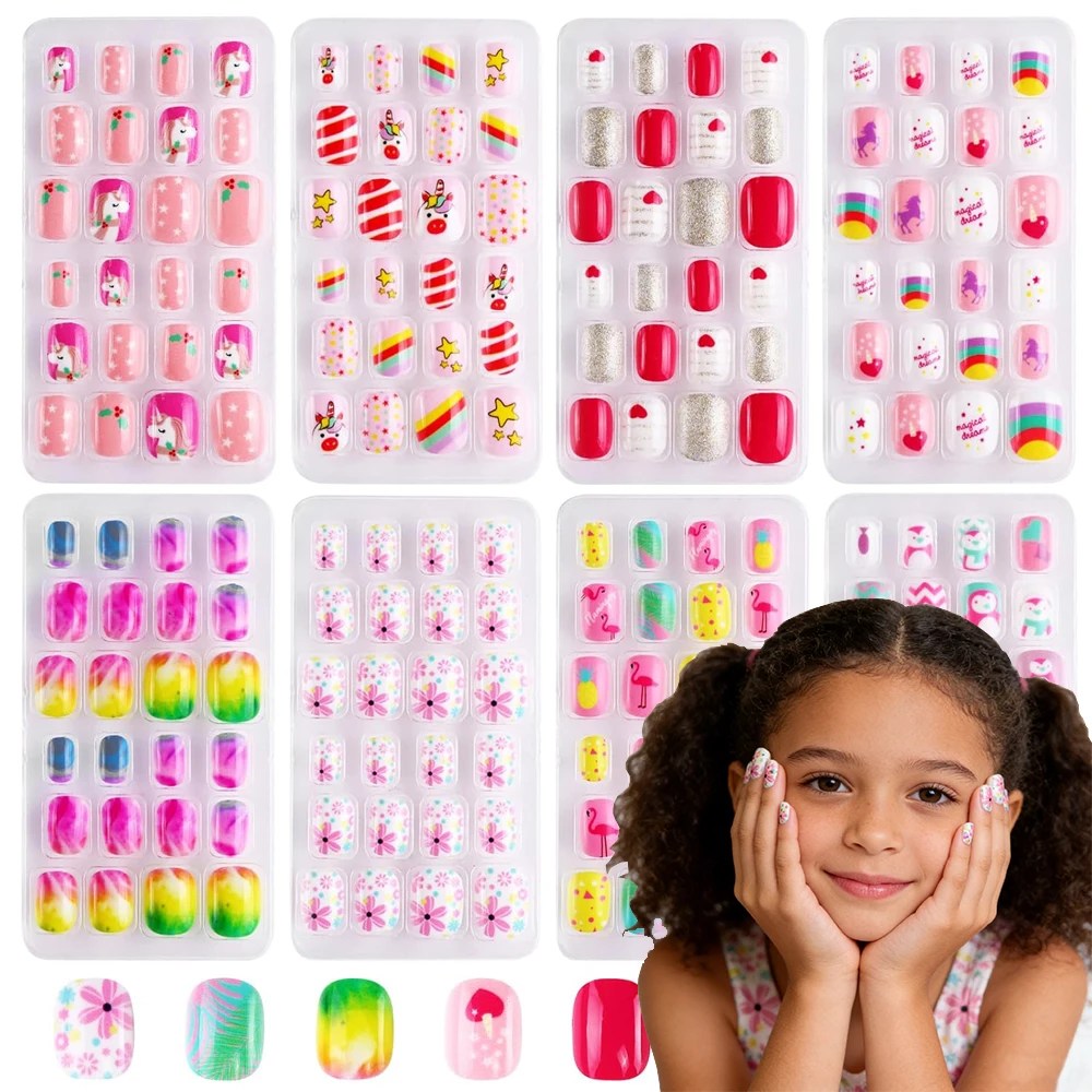 

8set Candy Color Rainbow Unicorn Child Press On Nails Pink Flower Daisy Animal Fake Nails For Kids Full Cover False Nails For Gi