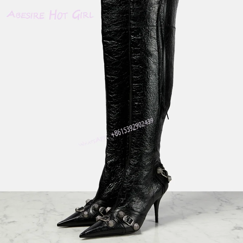 Tassel Rivets Black Leather Thigh Boots Long Over Knee Sexy Women Pointed Stiletto Heels Pointed Texture Zip Pants Booties Shoe