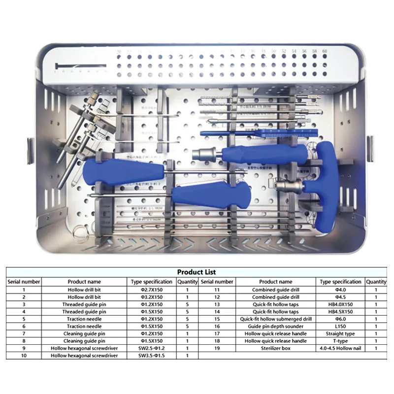 GREATLH Φ4.0-4.5 Orthopedic Set Cannulated Nail Instrument Set with Sterilization Box Nailing Surgical Instrument Kit Pet Tools