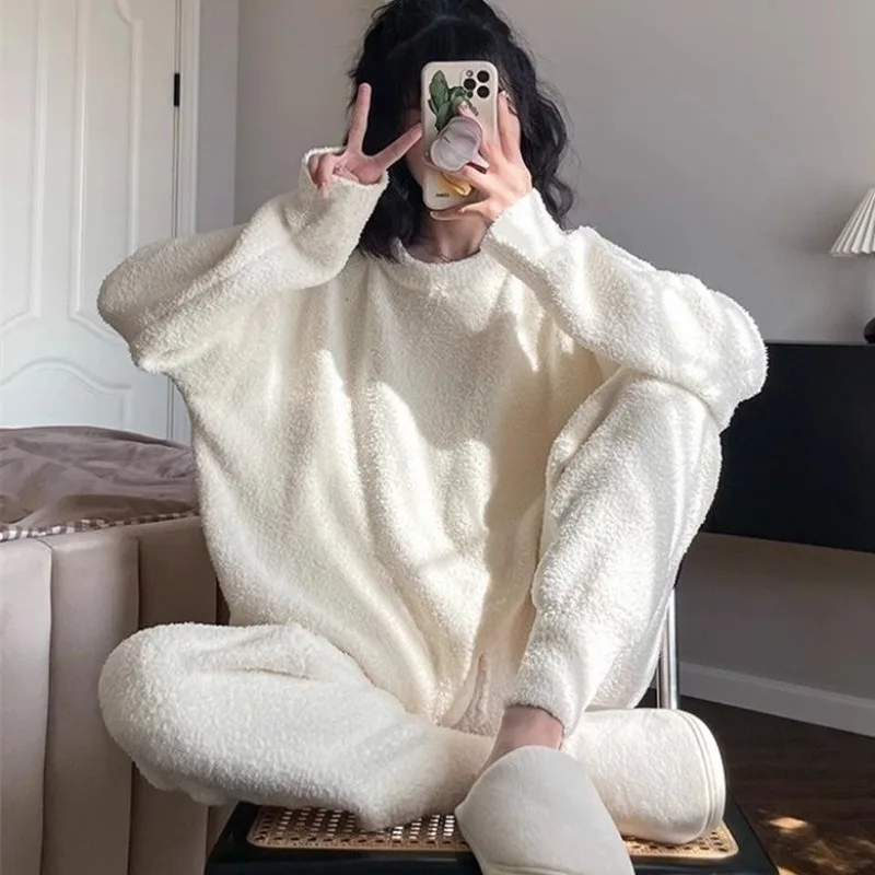 Pyjama Épais et Chaud de Grande Taille pour Femme, Ensemble de 2 Pièces, Style Coréen, Doux, Goutte Imbibée, Vêtements de Maison