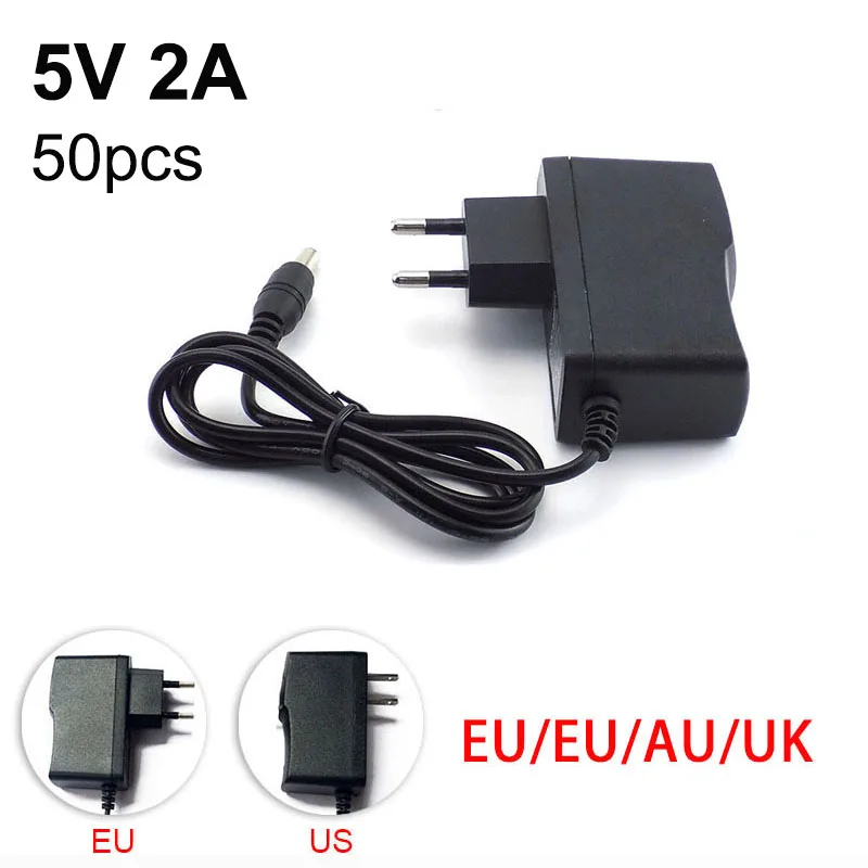 

50pcs 5V 2A 2000mA AC to DC Power Adapter supply 100V 240V Converter wall charger 5.5mm x 2.1mm for LED Strip Light CCTV Camera