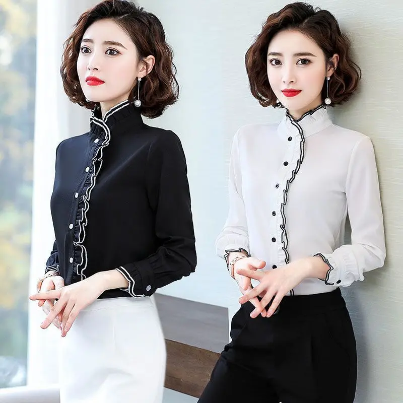 Fashion Pleated All-match Blouse Spring Autumn New Long Sleeve Solid Color Office Youth Shirt Tops Vintage Elegant Women Clothes