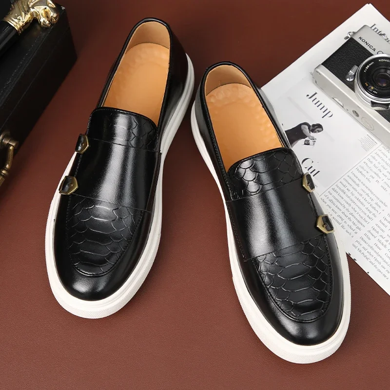 Black Men's Vulcanize Shoes Double Buckle Slip-On Brown Pu Leather Sneakers Shoes for Men with  Size 38-46
