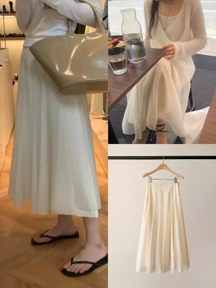 부드러운 옐로우 하이웨이스트 미디 스커트 여성용 A라인 스커트 2025년 봄 에스닉 스타일 루즈핏 단색 십대 소녀용