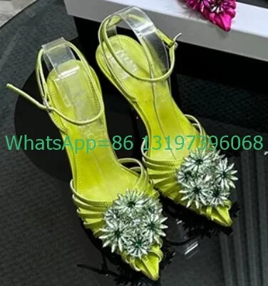 Lady plum crystal flower rhinestone strap stiletto heel pumps pointed toe cut-out demand flower high heels elegant PVC  shoes 43