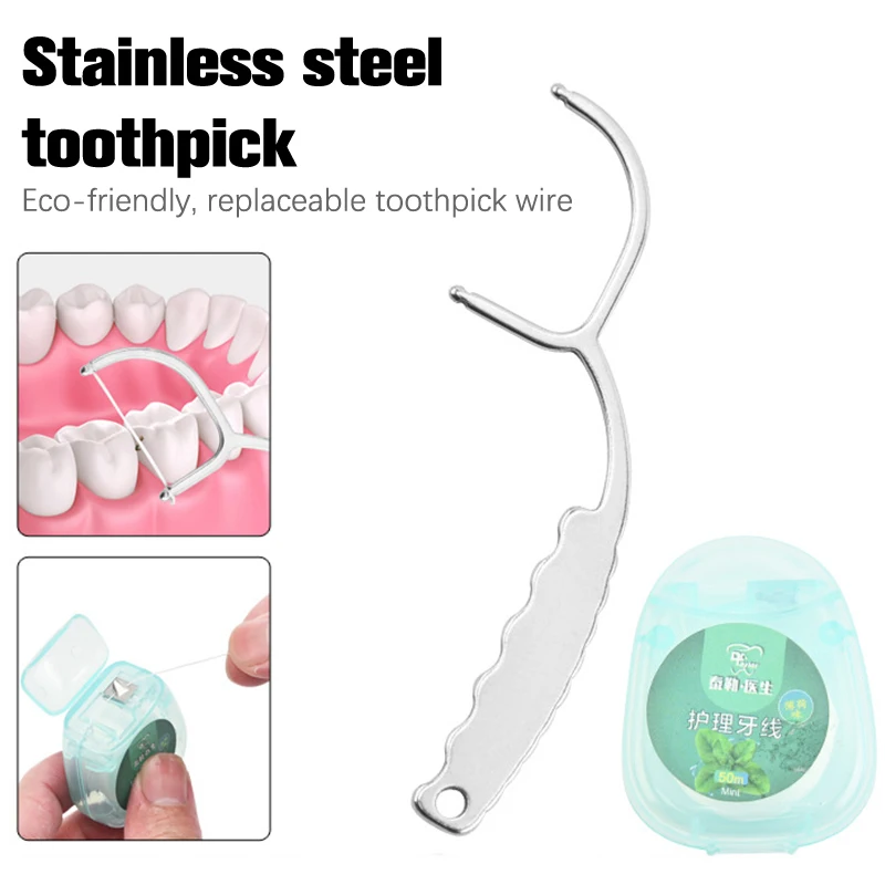 

Stainless Steel Toothpick Dental Floss Reusable For Flossing Holder Portable ECO-friendly Teeth Cleaning Tools