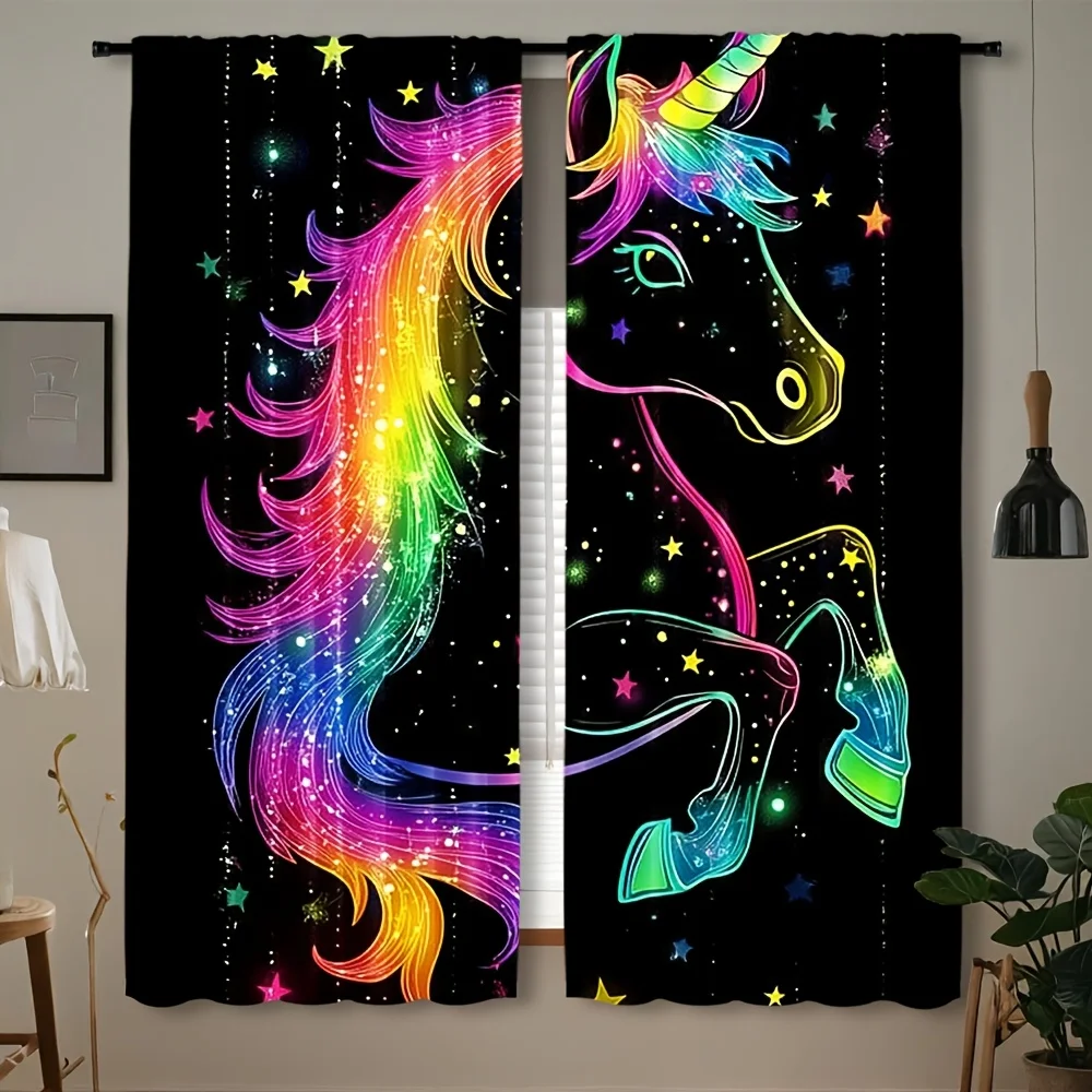 Kids Unicorn Curtain Panels, Glowing Rainbow Unicorn Twinkle Stars Dark Backdrop Cute Fantasy Print Drapes Apartment Home Decor