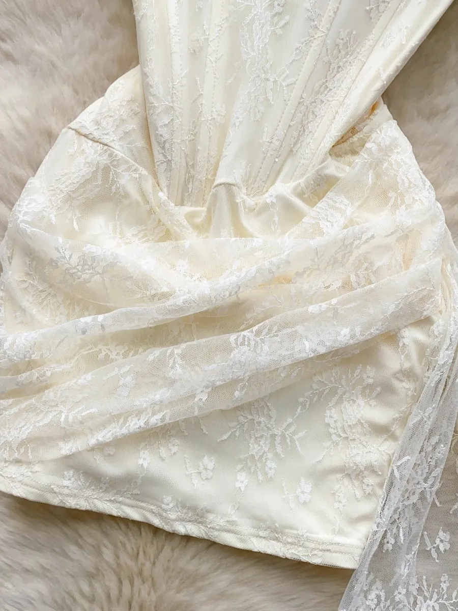 Foamlina Abito a tubino con stelle filanti in rete jacquard con strass ritagliati a cuore Mini abito romantico chic estivo da donna in vita francese