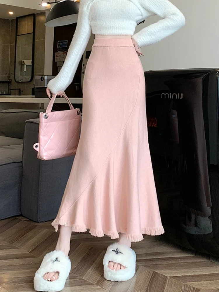 2026 Korean Style Extended Length Tassel Women Knit Midi Skirts High Waist Elegant Slim Drapey Big Hem Bodycon Mermaid Skirt