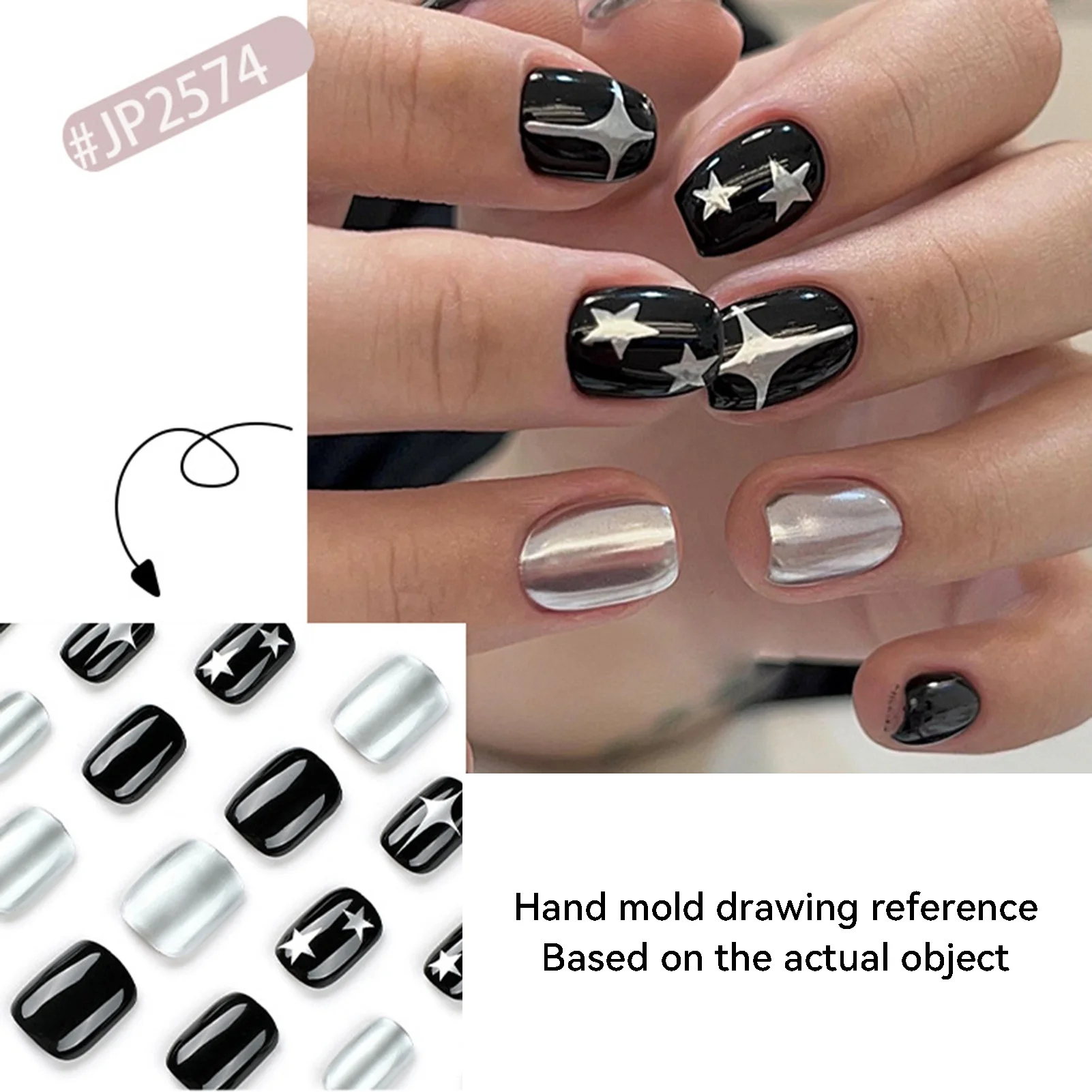 Silver Stars Print Artificial Nail Stylish Color Matching Fake Nail with Glue for Women and Girl Party Activity PR Sale