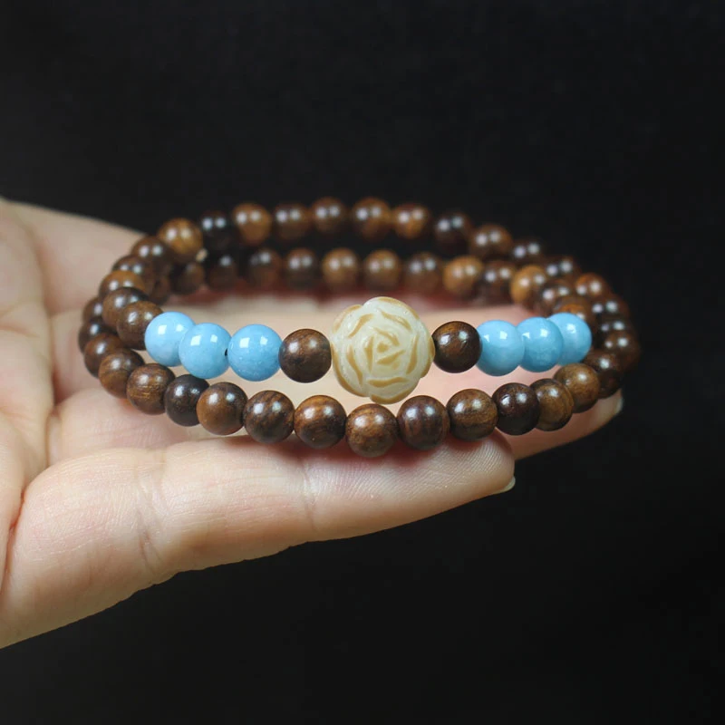 Black rosewood 6mm double-loop bracelet with bodhi flower , Buddhist prayer beads, women's decorative jewelry, hand accesso
