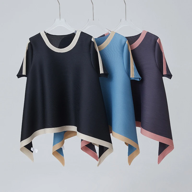 

Miyake цветной дизайн, плиссированный женский топ, модная нерегулярная свободная футболка с короткими рукавами, лето 2021, шикарная морщинистая футболка