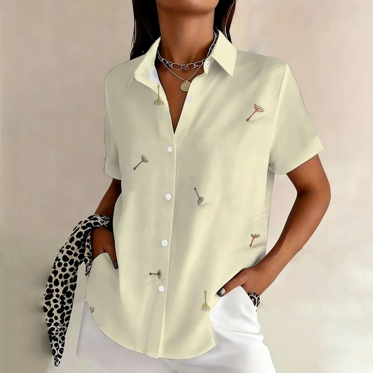 

Simple cartoon dandelion print summer women's plus size lapel short sleeved shirt fashionable daily versatile top