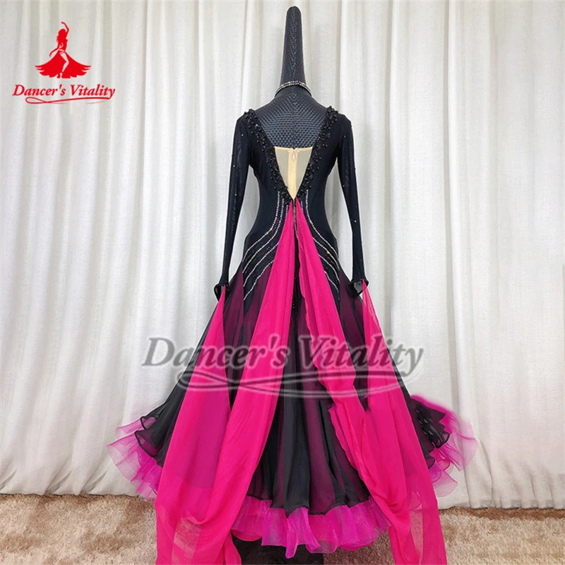 Ballroom Dance AB Stones Long Sleeves Competition Big Swing Dresses Included Necklace Luxurious Customize Waltz Foxtrot Clothing