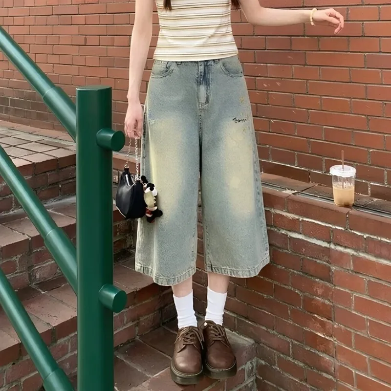 Summer Women's Vintage Style Denim Shorts High Waist Pants Cool Girls Calf-length Trousers Female Wide Leg Streetwear