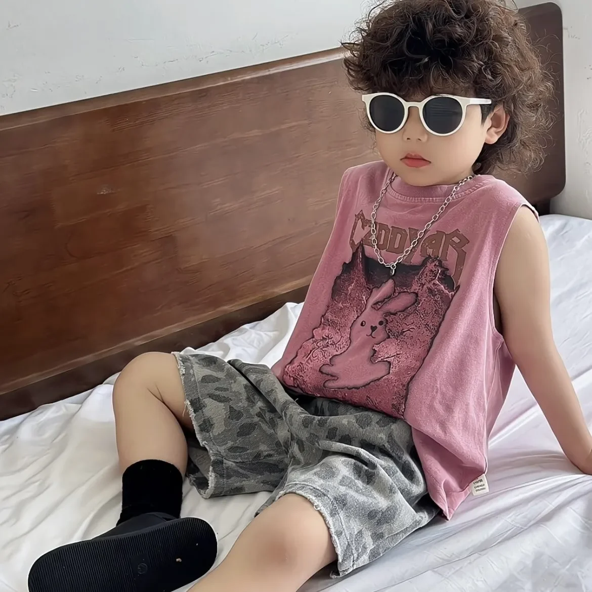 

Children's Summer Set Fashion 2026 New Boys' Printed Tank Top+Leopard Denim Shorts Two-piece Set