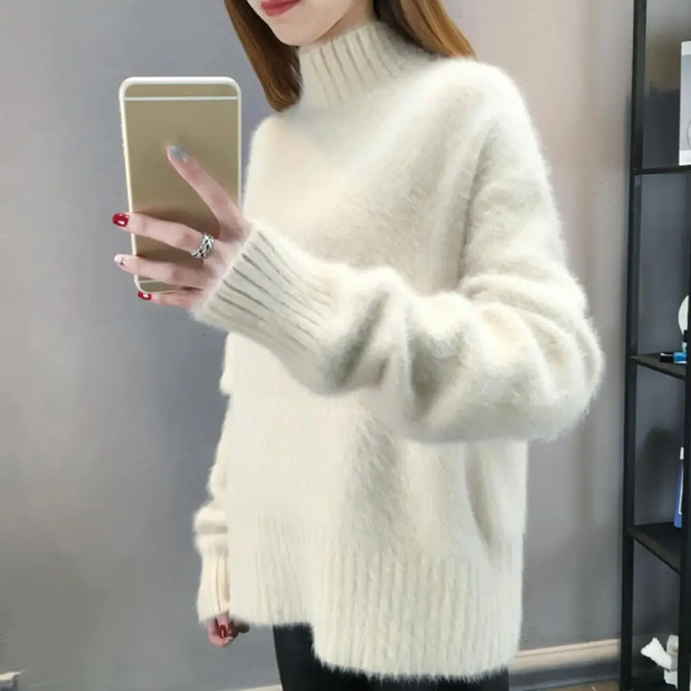 

Women Pullover Sweater Cozy Women's Knitwear Collection Half High Collar Sweater Ribbed Trim Knit Top Elastic Long-sleeve