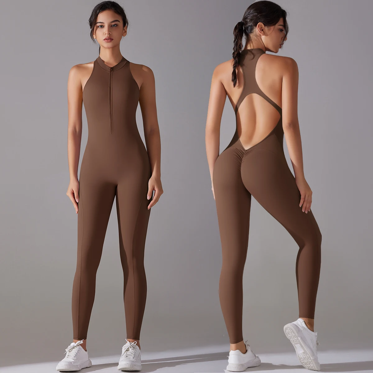 Sexy Hollow Backless Scrunch Sporty Jumpsuit Raises Butt Woman Gym Set One Piece Sport Suit Sleeveless Zip Yoga Fitness Overalls