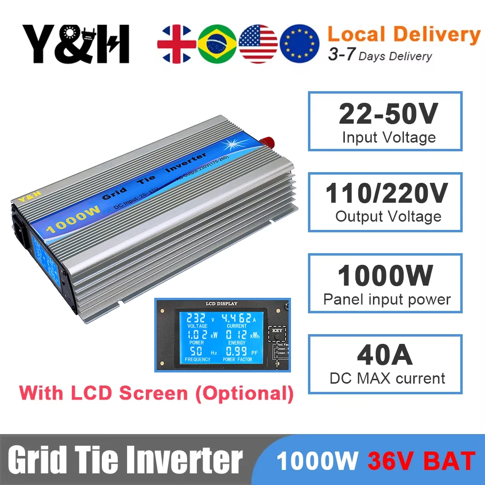 

Y&H 1000W MPPT Grid Tie Solar Micro Inverter DC22-50V AC110V/220V Pure Sine Wave Converter Battery Discharge Mode/Solar Panels