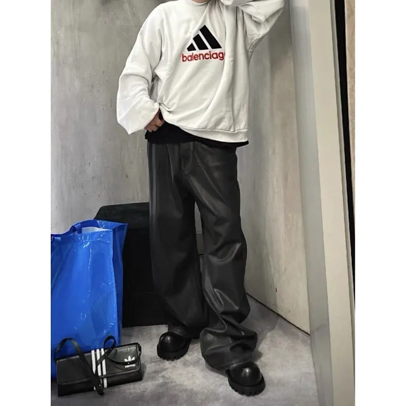 

Black Wax Coated Denim Jeans RO Style Dark Street Fashion Baggy Straight Leg mid Waist Trousers for Men Non-Shrink Treatment