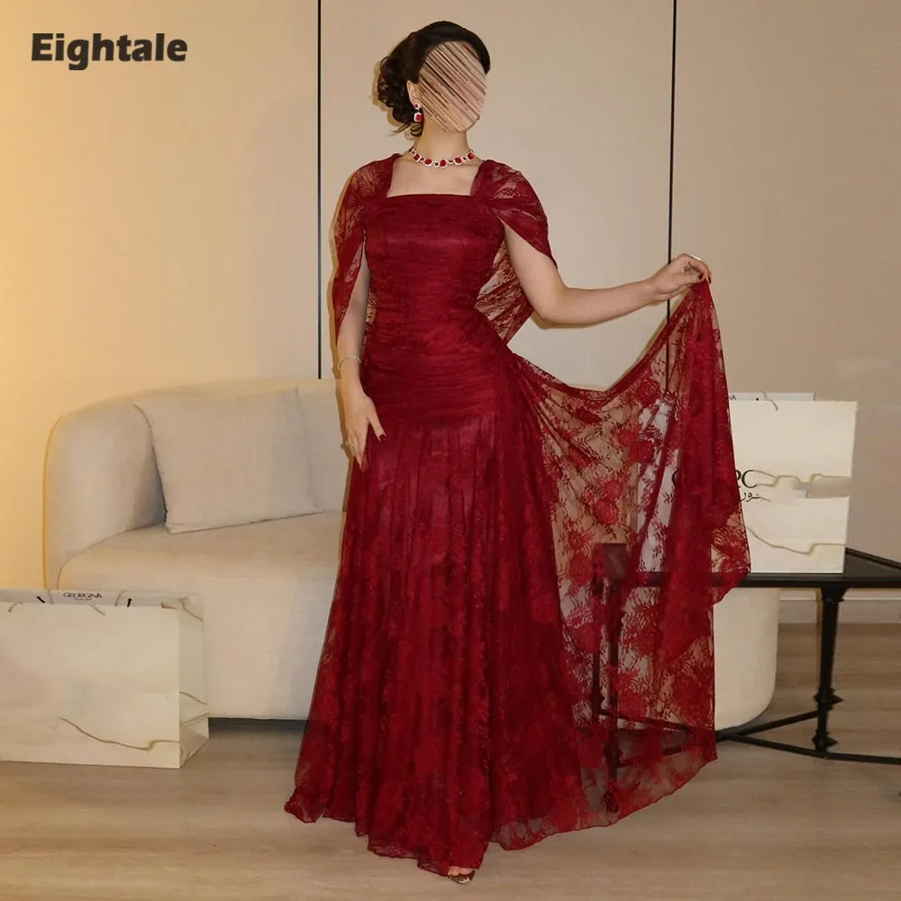 

Eightale Elegant Evening Dress Strapless Burgundy Customized Lace Floor Length Mermaid Prom Wedding Party Gowns