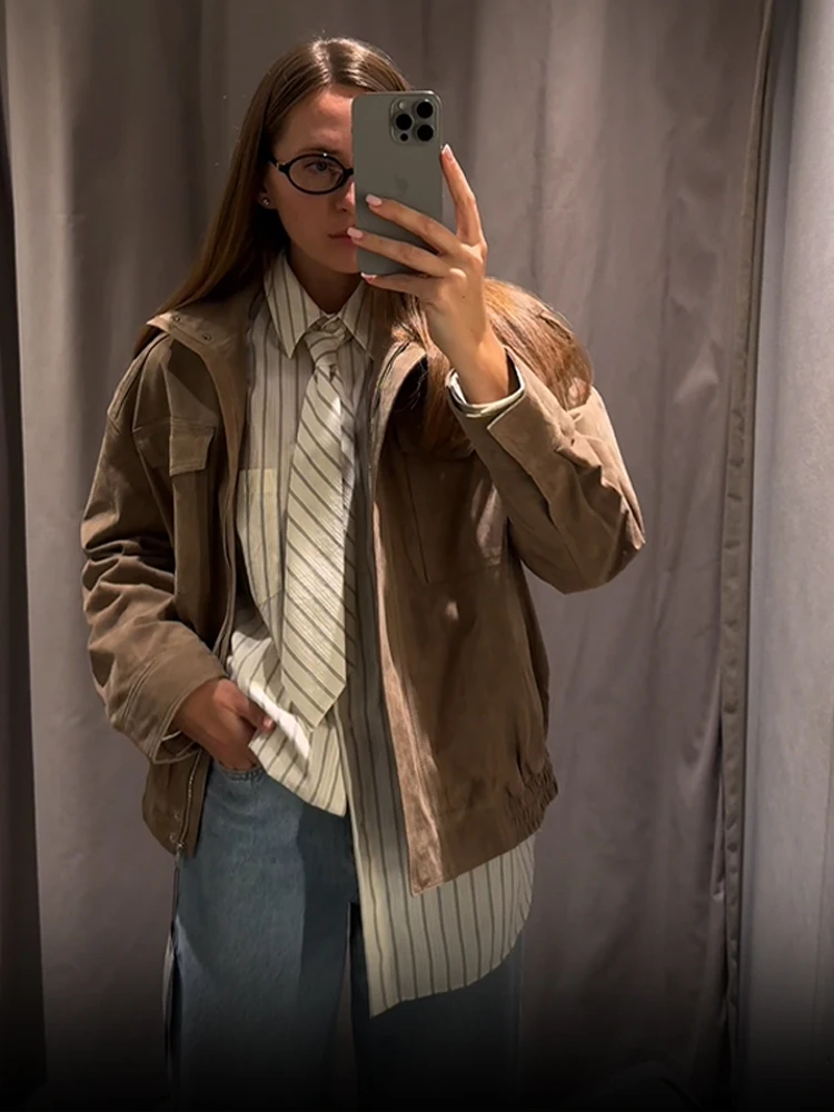 Dámská volná semišová bunda s dlouhým rukávem, kapsy na zip, nadměrná bomber bunda 2025, podzimní a zimní dámská bunda na vysokém podpatku - náhled 4