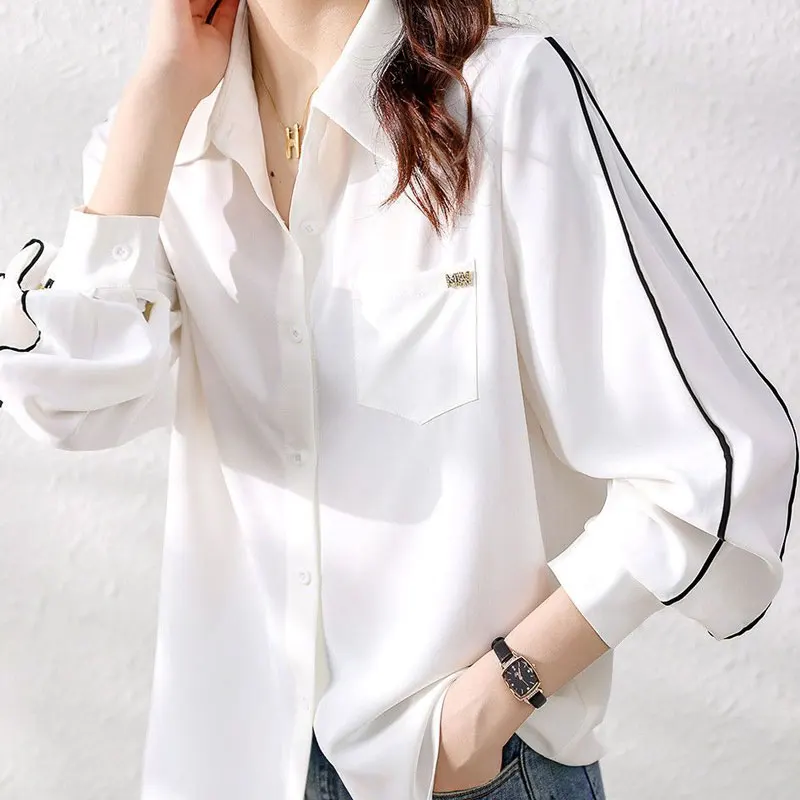 Office Lady Solid Color Polo-Neck Shirt Spring Autumn Bright Line Decoration Stylish Pockets Three-dimensional Decoration Blouse