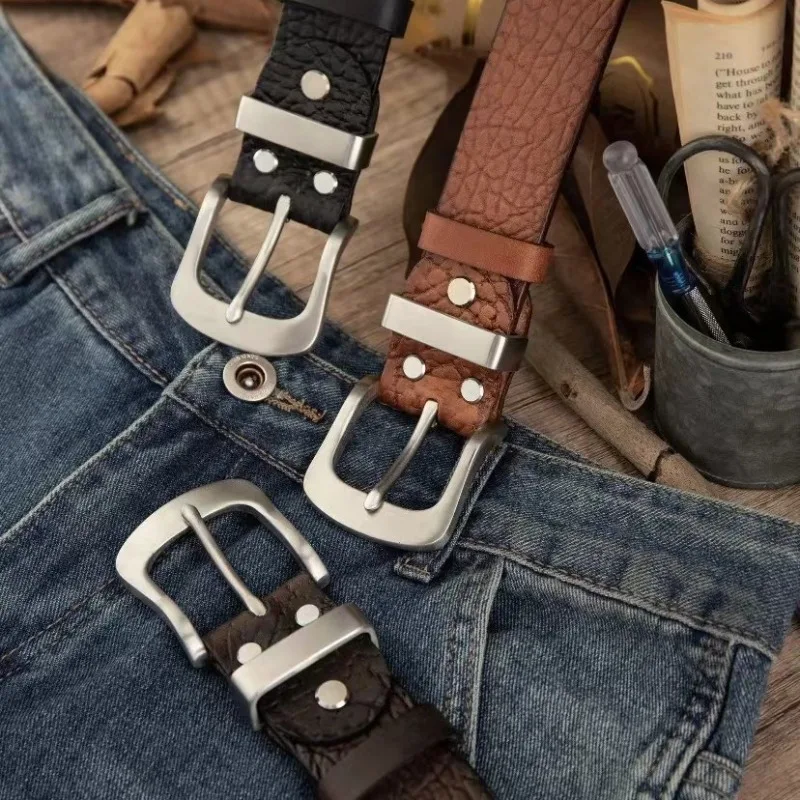 38-センチメートル新しい純粋な牛革メンズ本革ステンレス鋼バックルレトロカジュアルパンツベルト男トレンディなスタイルジーンズストラップベルト