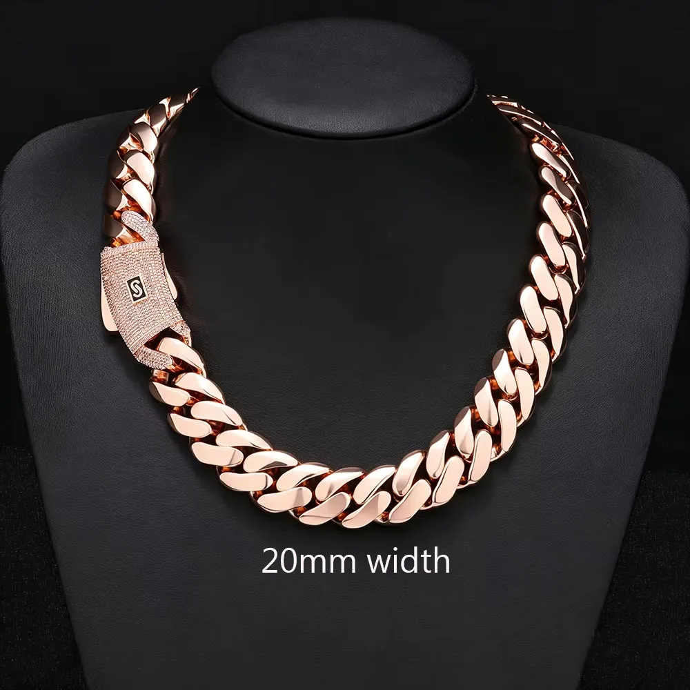 FLEXKING Luxury Rose Gold Plated Copper 20mm/22mm/26mm Cuban Link Chain Bracelet Necklace Cubic Zirconia Men Hip Hop Jewelry