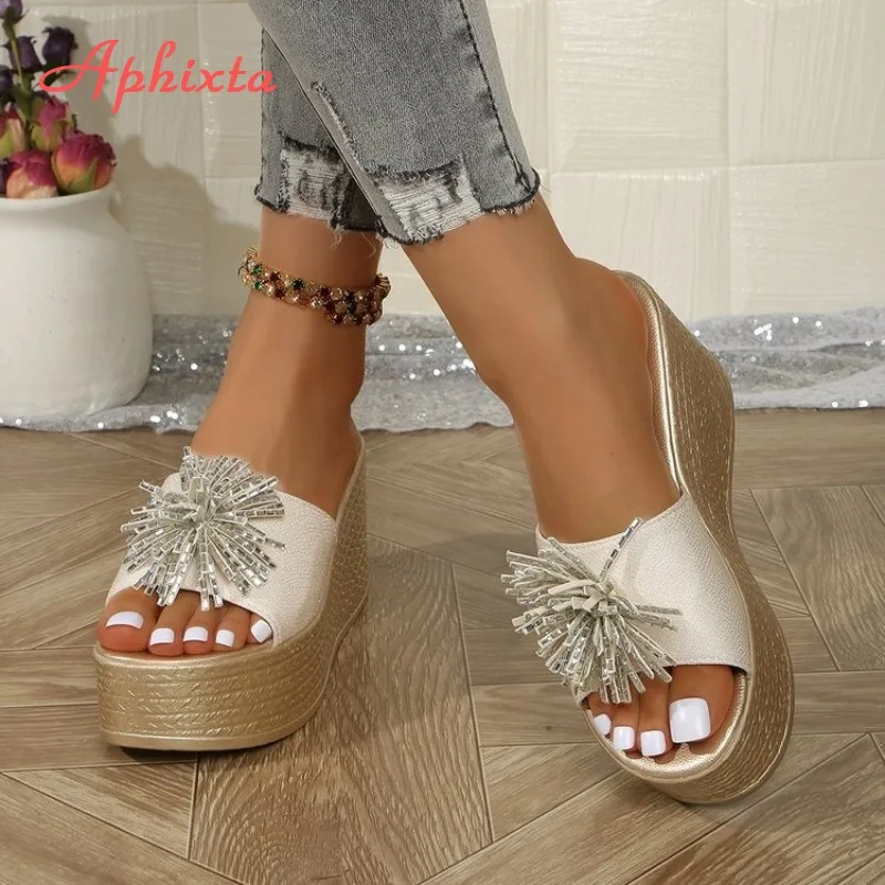 Aphixta 2026 Women's Rhinestone Tassel Wedge Slides Platform High Heel Sandals Summer Beach Open Toe Slippers Plus Size 35-43