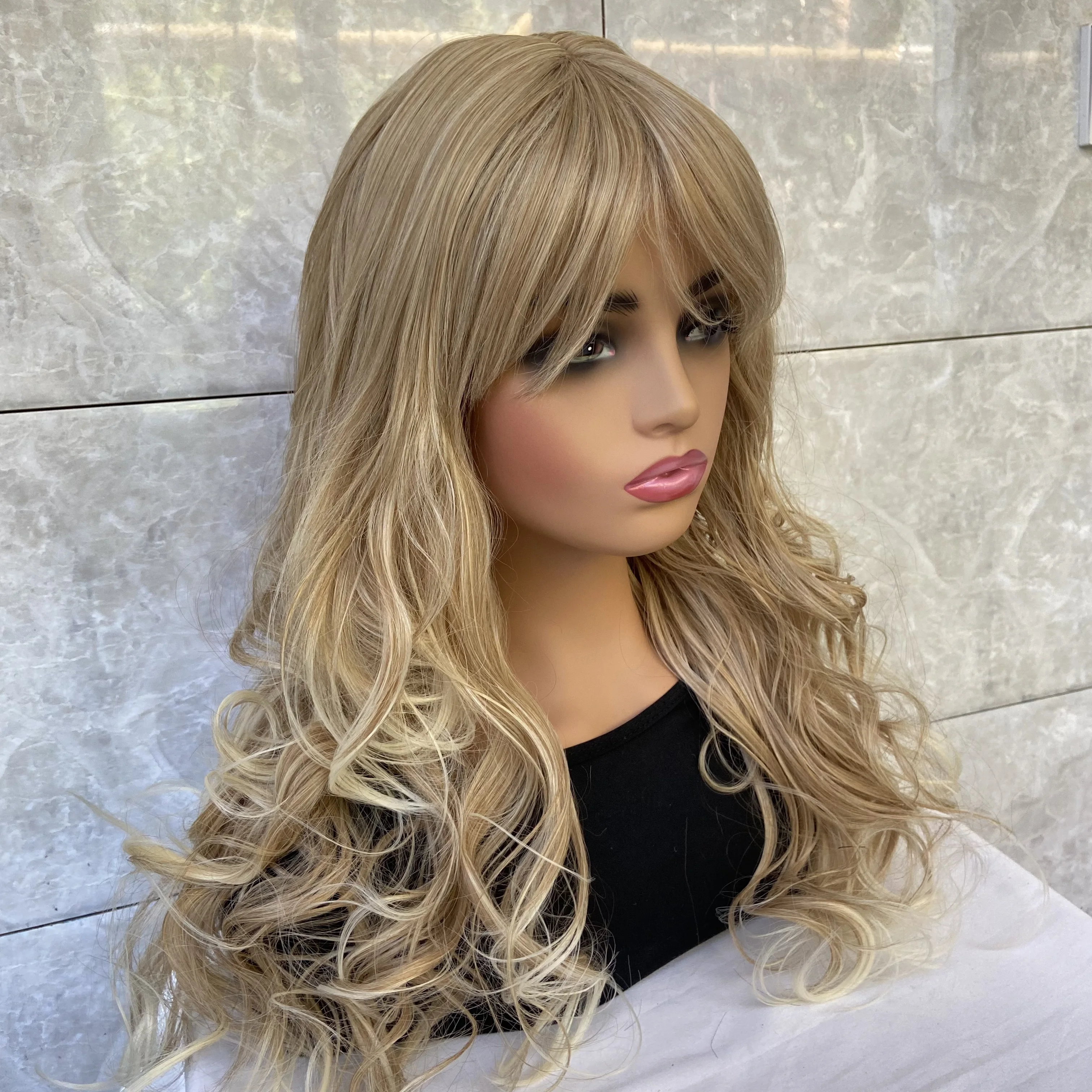 Fashiomag Long Curly Blonde Rooted Human Hair Blend Heat Ok Wigs Women Soft Natural Daily Use