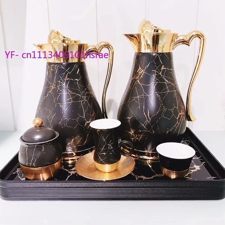 Marble Pattern Coffee Tea Set, Black Gold Luxury Pot Cups Saucers, Arab Tableware with Glass Tray Gift Box