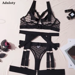 Aduloty New Heavy Craft Metal Style Temptation Erotic Lingerie Sexy Mesh Perspective Stitching Bra Gathering Women Underwear Set