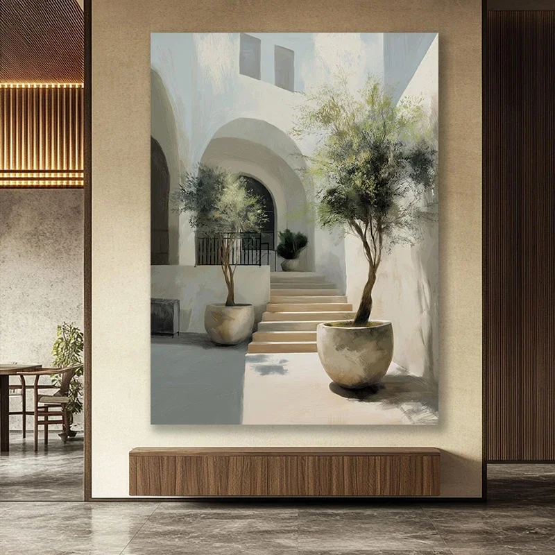 Mediterranean Courtyard Olive Tree Stairs Poster and Prints Canvas Painting Wall Art Pictures Home Decor Cuadros